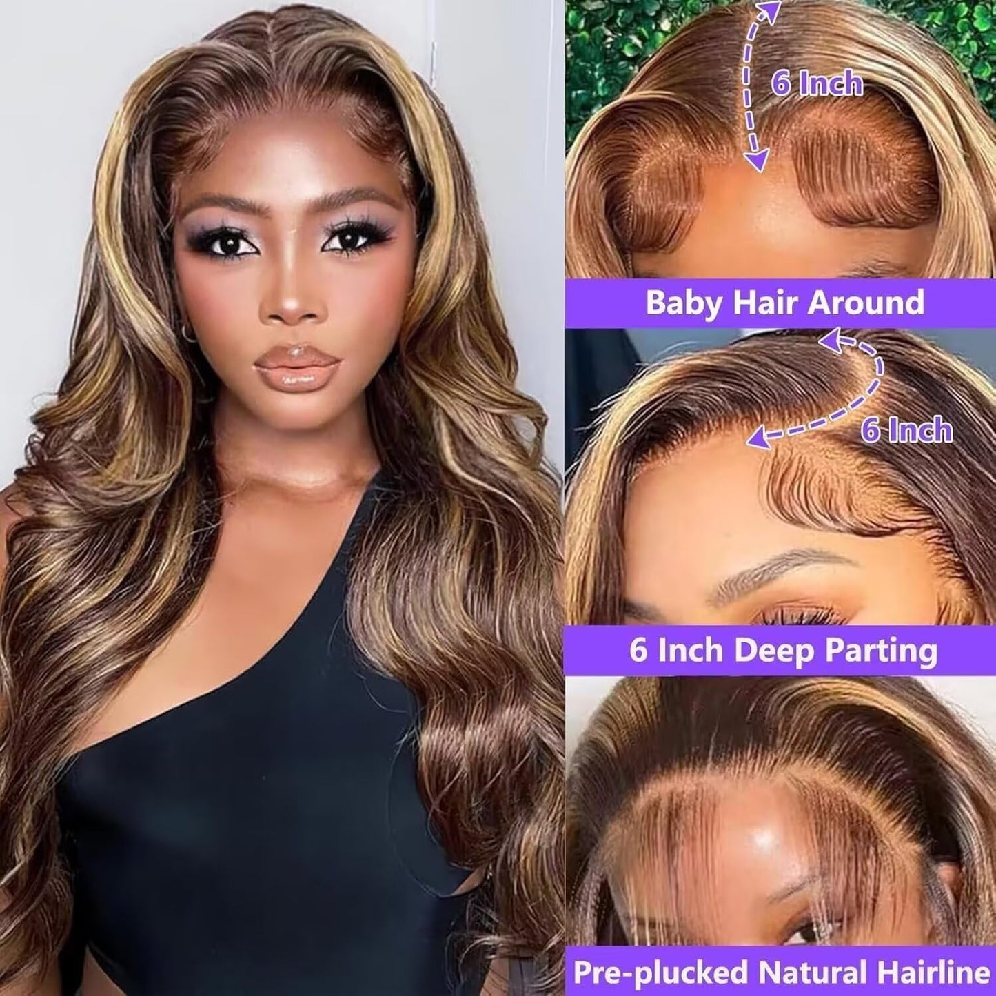 24 Inch Honey Blonde Ombre Highlight 13x6 Lace Front Wigs Human Hair 180% Density HD Transparent Pre Plucked Body Wave Lace Front Wigs Glueless #4/27 Colored Human Hair Wig for Women