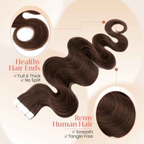 Elailite Wavy Tape in Hair Extensions Human Hair Body Wave Real Remy Hairpieces Medium Brown 18 Inch 50g 20pcs Invisible Seamless Skin Weft Best Tape for Women