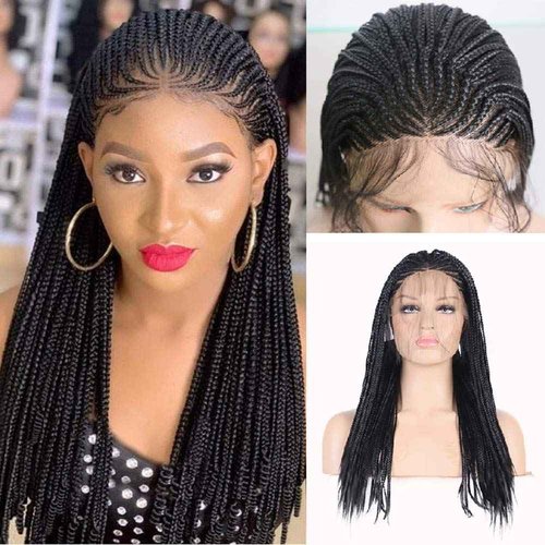RONGDUOYI RDY 24 Inches Black Braided Lace Front Wigs for Black Women Natural Hairline Synthetic Wig Pre Plucked Glueless Braids Wig (180% Density,Style2)