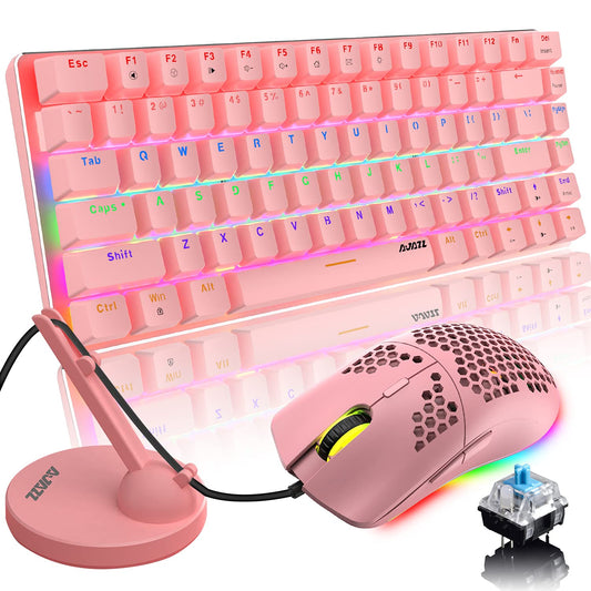 ZIYOU LANG Pink Gaming Keyboard and Mouse Combo,Rainbow LED Backlit Mechanical Keyboard,6400 DPI RGB Ultralight Gaming Mouse,Pink Mouse Bungee,for Game and Office