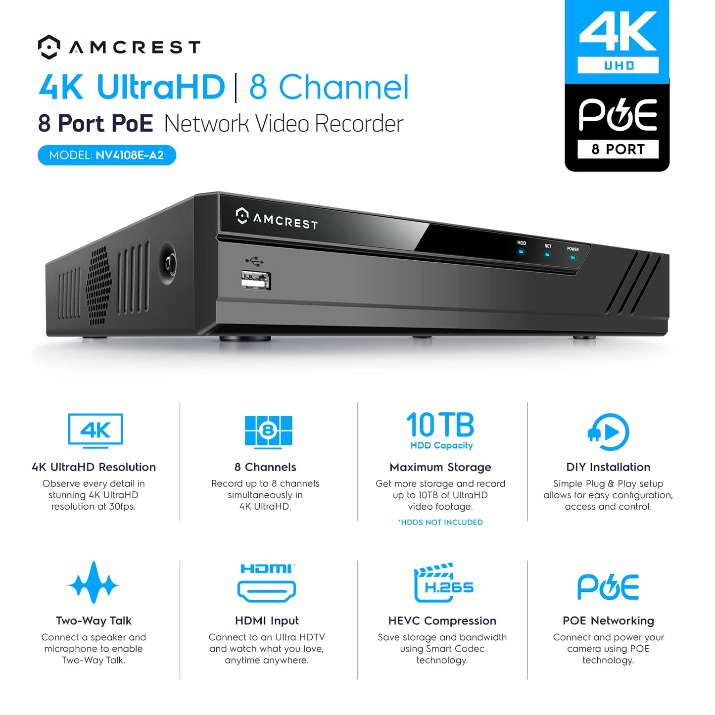 Amcrest 4K POE Security Camera System with 4K 8Ch PoE NVR (4) x 8 Megapixel Turret IP POE Cameras (3840x2160) Pre Installed 2TB Hard Drive NV4108E-IP8M-T2599EW4-2TB
