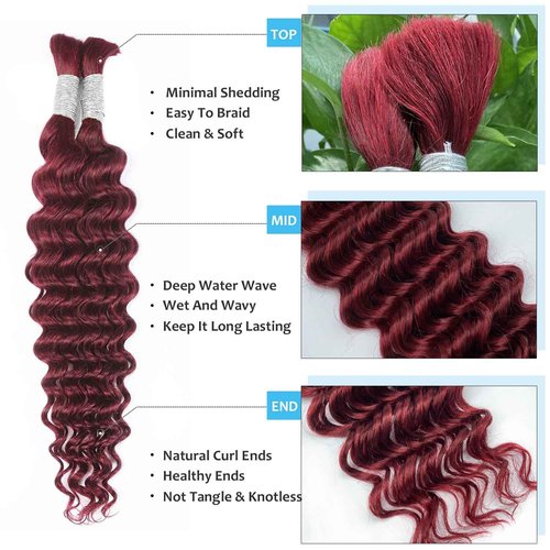 99J Human Braiding Hair 22 Inch 100g Burgundy Deep Wave Bulk Human Hair For Braiding Boho Braids Wine Red Human Braiding Hair Water Wave Human Hair For Braiding Micro Bohemian Braids
