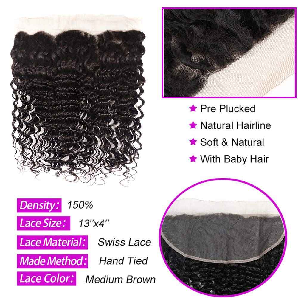 3 Bundles Deep Wave Virgin Human Hair with Lace Frontal Unprocessed Human Hair Extensions Natural Black Color (10 12 14+10)