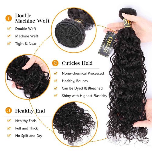 QTHAIR Water Wave Human Hair Bundles (Natural Black,12" 14" 16") Burmese Curly 16A 100% Unprocessed Brazilian Virgin Human Hair Weave Wet and Wavy Bundles