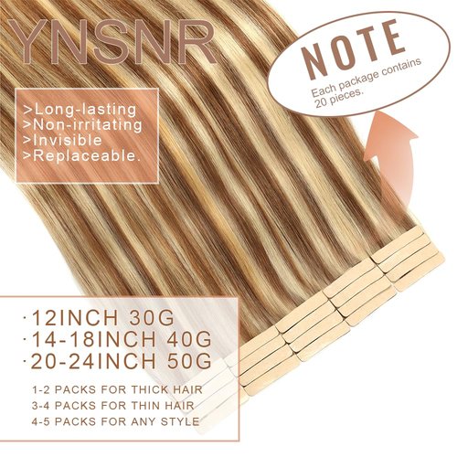 Tape in Hair Extensions Human Hair Chestnut Brown Highlighted Bleach Blonde 22 Inch 20Pcs Tape Ins for Women Straight Invisible Seamless Remy