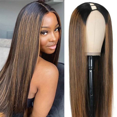 Homgoss FB30 U Part Wigs With Drawstring for Women Straight Human Hair Wigs 200% Density Highlight Ombre U Part Human Hair Wigs Can Be Dyed and Bleached(20 inch)