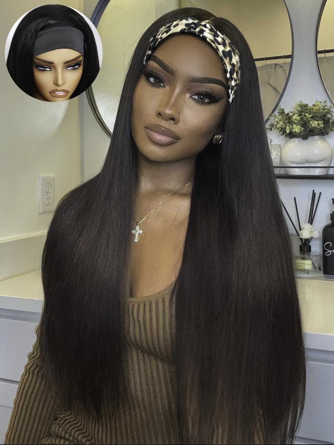 KLAIYI Ombre Brown Yaki Straight Headband Wig Human Hair Glueless Wear and Go Wig with Dark Roots Drawstring Chestnut Kinky Clip In Half Wigs for Black Women No Lace No Glue 30S Ready to Wear 18Inch