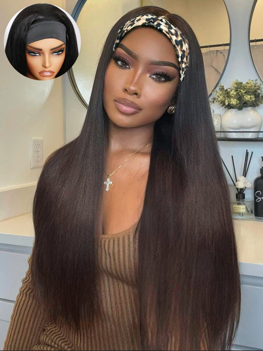 KLAIYI Ombre Brown Yaki Straight Headband Wig Human Hair Glueless Wear and Go Wig with Dark Roots Drawstring Chestnut Kinky Clip In Half Wigs for Black Women No Lace No Glue 30S Ready to Wear 18Inch