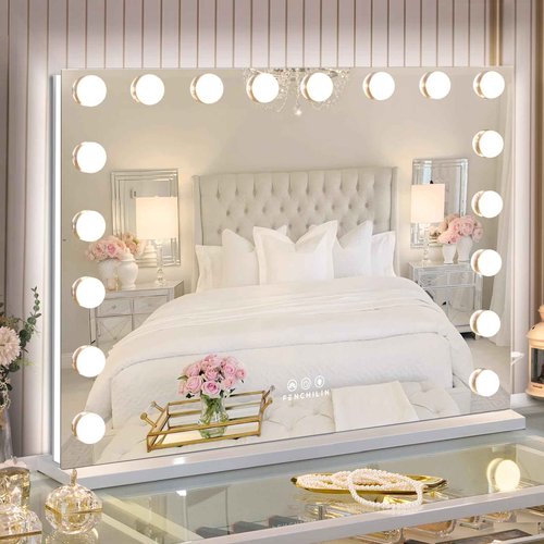 FENCHILIN RGB LED Vanity Mirror with Front Light and RGB Backlit Lighted Hollywood Makeup Mirror with 18 Dimmable Bulbs Smart Touch for Bedroom (32"x23") White
