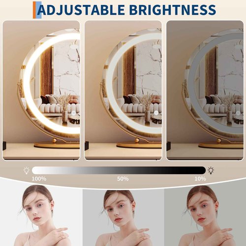 Garvee Vanity Mirror with LED Lights, Touch Control 3 Color Dimmable Makeup Mirror, 360° Rotation Large Round Tabletop Mirror, Easy to Assemble, Gold, 19 Inch