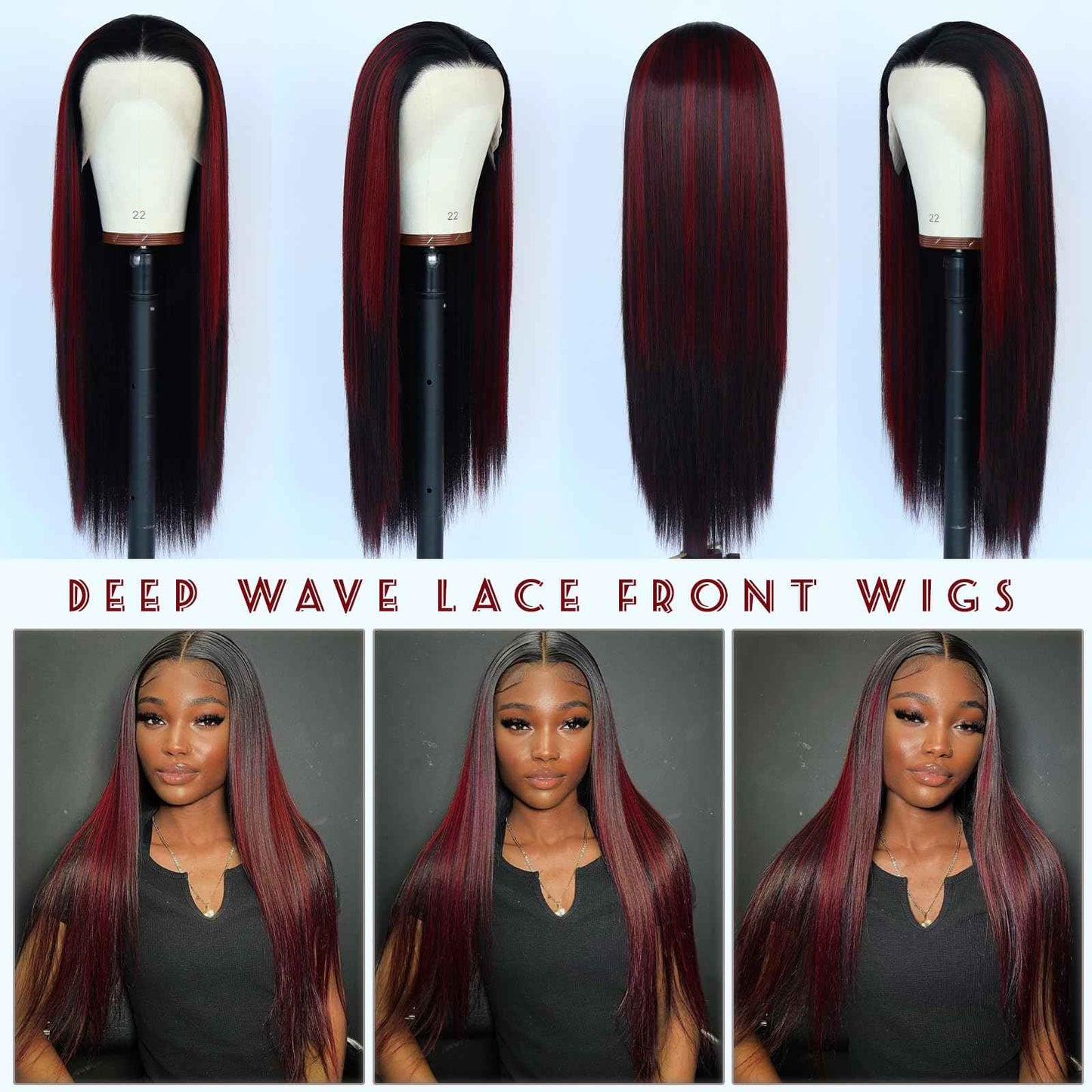 Oxeely Red Highlight Ombre Burgundy Synthetic Lace Front Wigs Long Straight Wigs Burgundy Lace Wigs Pre Plucked 1B/99J Skunk Stripe Glueless Wigs Heat Resistant Fiber Hair Red Wigs for Women Daily Use