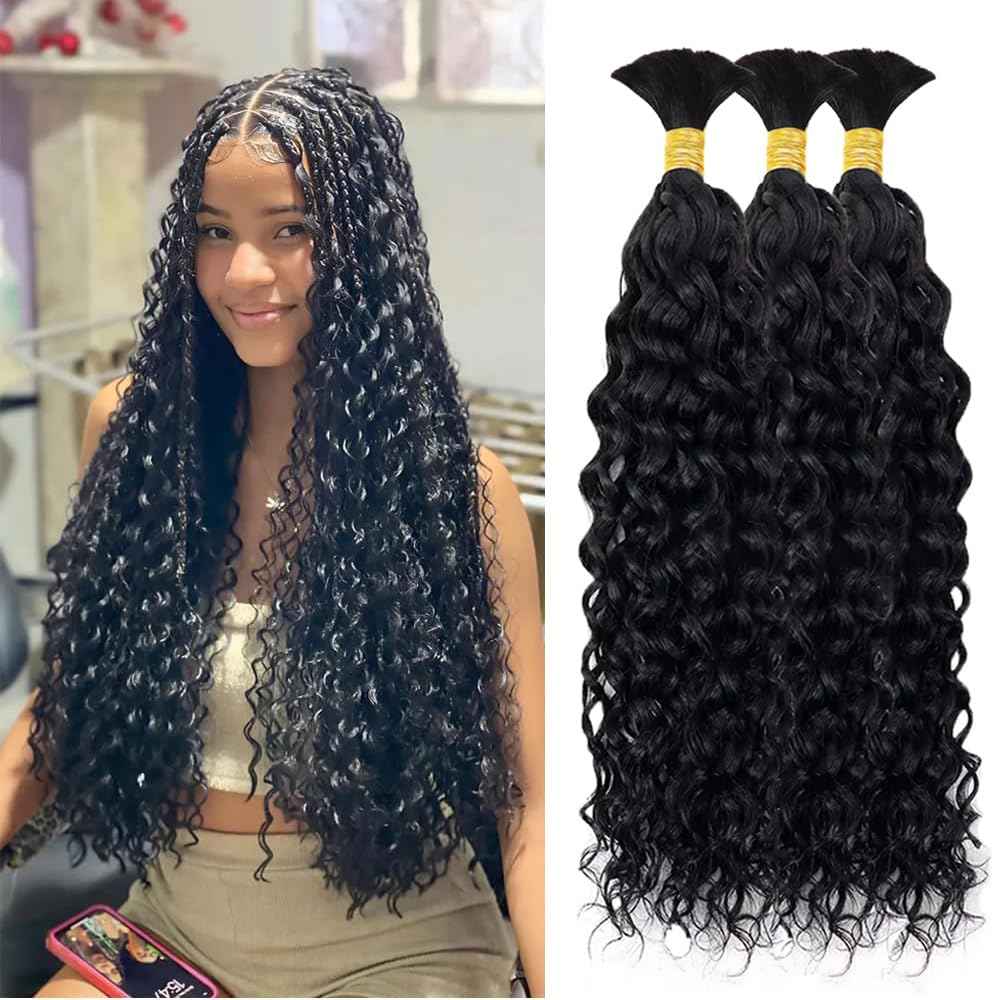 Human Braiding Hair 3 Bundles/Pack 150g Curly Water Wave Human Bulk Hair for Braiding No Weft 10A Brazilian Virgin braiding Hair for Boho Braids Wet and Wavy Braids Extensions (22 22 22inch)