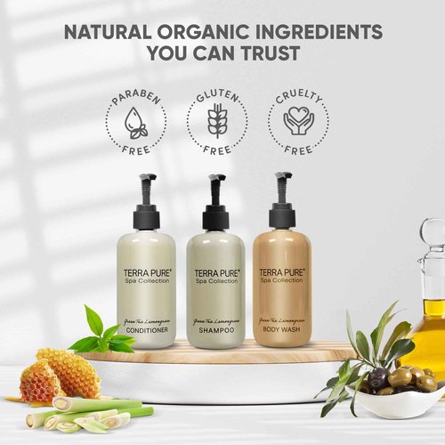 Terra Pure Spa Collection | Wall-Mounted No-Drill Hotel Amenities Dispenser | 10.14oz Bottles | Tamper-Proof Locking Bracket | 1 Bracket with Shampoo, Conditioner, and Body Wash