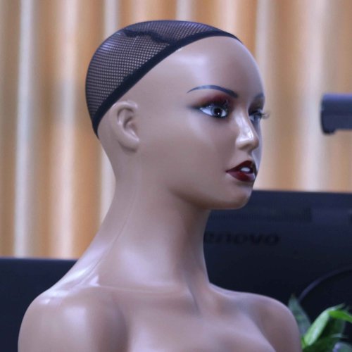 KimRuima Realistic Mannequin Head with Shoulders Wig Head Wig Stand for Wigs Hats Scarves Pendants Sunglasses Earrings (Dark Brown with Red Lip and Visible Teeth)