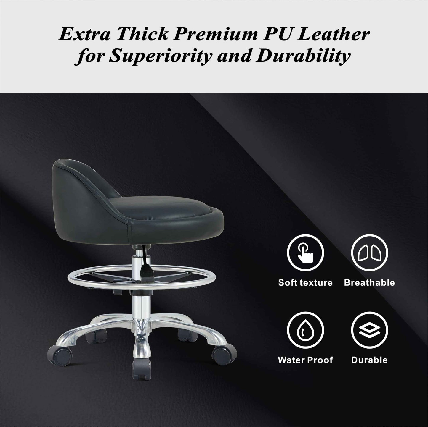 HNKastela Rolling Shop Stool with Back Support - Height Adjustable Stool with Wheels Heavy Duty for Salon Spa Tattoo Esthetician Kitchen