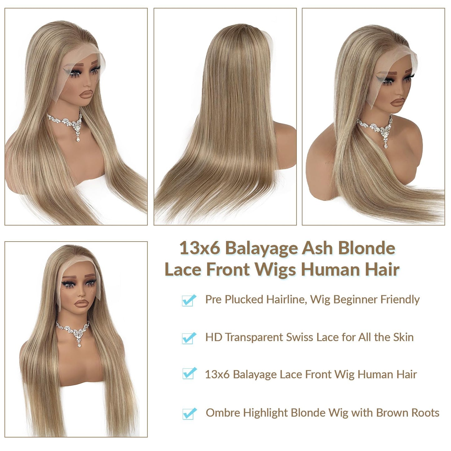 13x6 Ash Blonde Highlight Lace Front Wig Human Hair 20 Inch Straight Ash Brown to Blonde Balayage Wig Human Hair 180% Density Glueless Ombre Brown to Platinum Highlights HD Lace Wigs for Women