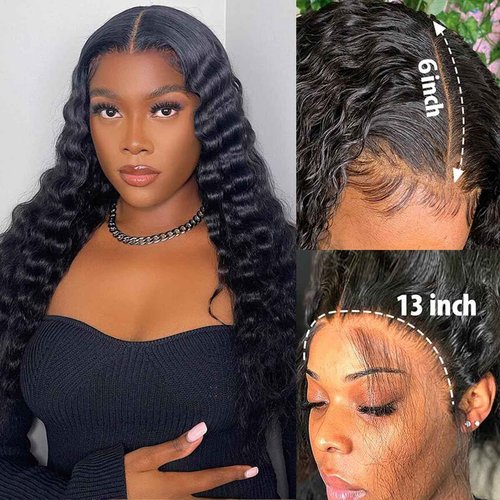 Bling Hair Deep Wave Lace Front Wigs Human Hair 13x6 HD Transparent Deep Curly Lace Frontal Wigs 180% Density Glueless Wigs Pre Plucked Curly Wigs Natural Color 24 inch