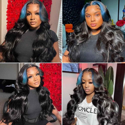 JYZ Skunk Stripe Wig Human Hair Dark HD Blue Lace Front Wig Human Hair Wavy 13X4 Blue Colored Wigs 200% Density Pre Plucked with Baby Hair 18inch Middle Part