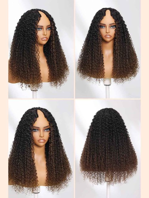Nadula EasiContour V Part Curly Wigs Human Hair No Leave Out Ombre Black to Chestnut Brown Clip in V-part Wig,12A Glueless Highlight Upgrade U Part Human Hair Wig Ready to Go 180% Density 16inch