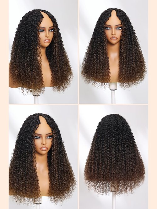Nadula EasiContour V Part Curly Wigs Human Hair No Leave Out Ombre Black to Chestnut Brown Clip in V-part Wig,12A Glueless Highlight Upgrade U Part Human Hair Wig Ready to Go 180% Density 14inch