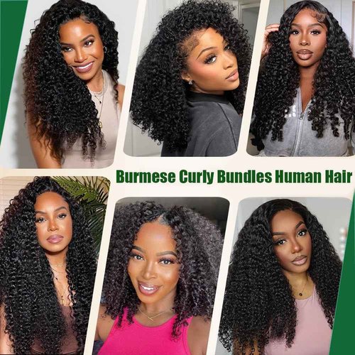 Burmese Curly Bundles Human Hair 16 18 20 Inches 100% Unprocessed Burmese Raw Hair Extension 3c4a Water Wave with Spiral Curly End Real Human Hair Extensions Natural Black