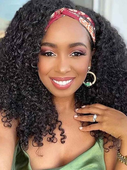 V SHOW Glueless Curly Headband Wig Human Hair 180% Density Thick Throw & Go Kinky Curly Headband Wigs for Women 16 Inch None Lace Front Wigs Wear and Go Glueless Human Hair Wigs