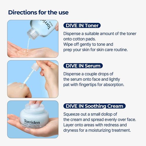 Torriden DIVE-IN Low-Molecular Hyaluronic Acid Serum, 1.69 fl oz + Toner 10.14 fl oz + Soothing Cream 3.38 fl oz | Vegan Clean Cruelty Free Facial Ampoule Moisturizer Alcohol-free Fragrance-free