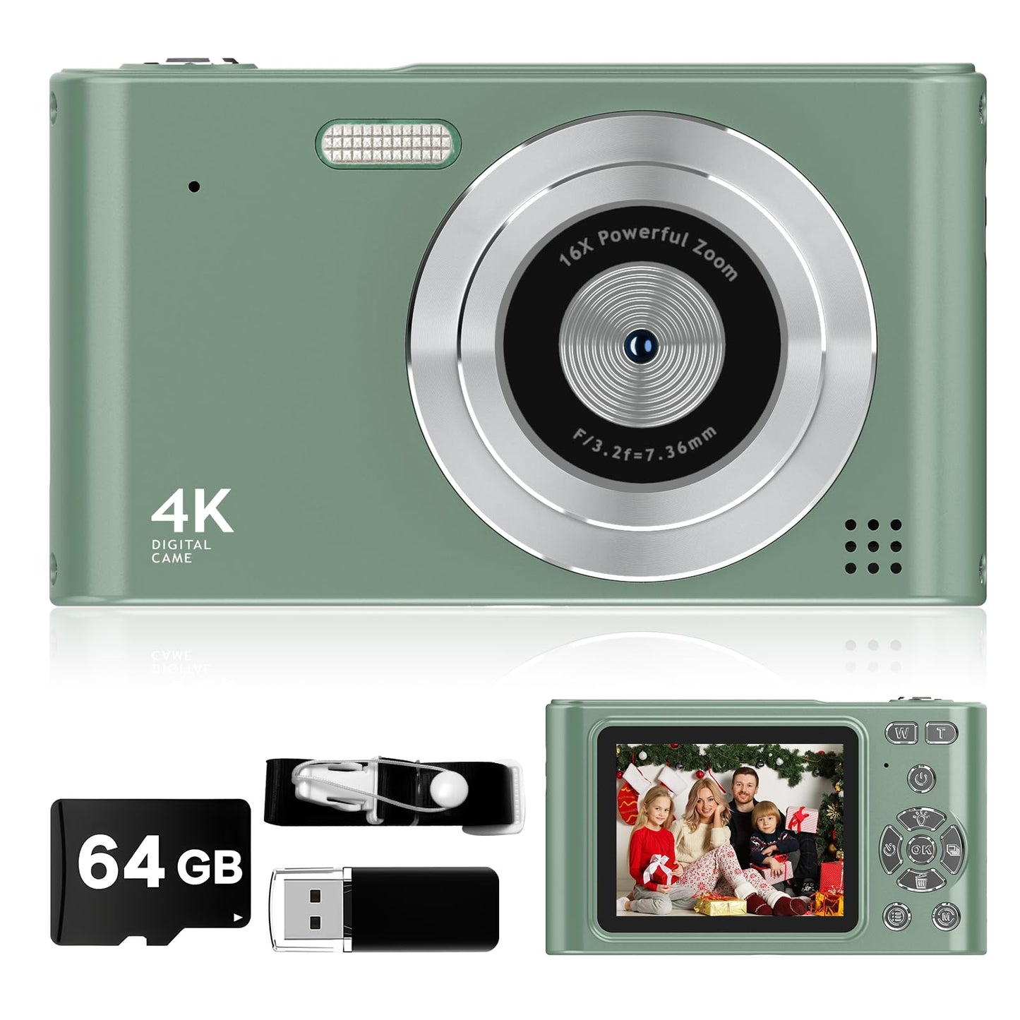 2025 Digital Camera - 1080P Vlog Camera, 44MP Compact, 16X Zoom, Anti-Shake, Green Gift for Kids