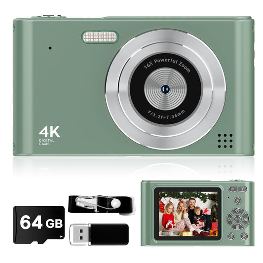 2025 Digital Camera - 1080P Vlog Camera, 44MP Compact, 16X Zoom, Anti-Shake, Green Gift for Kids