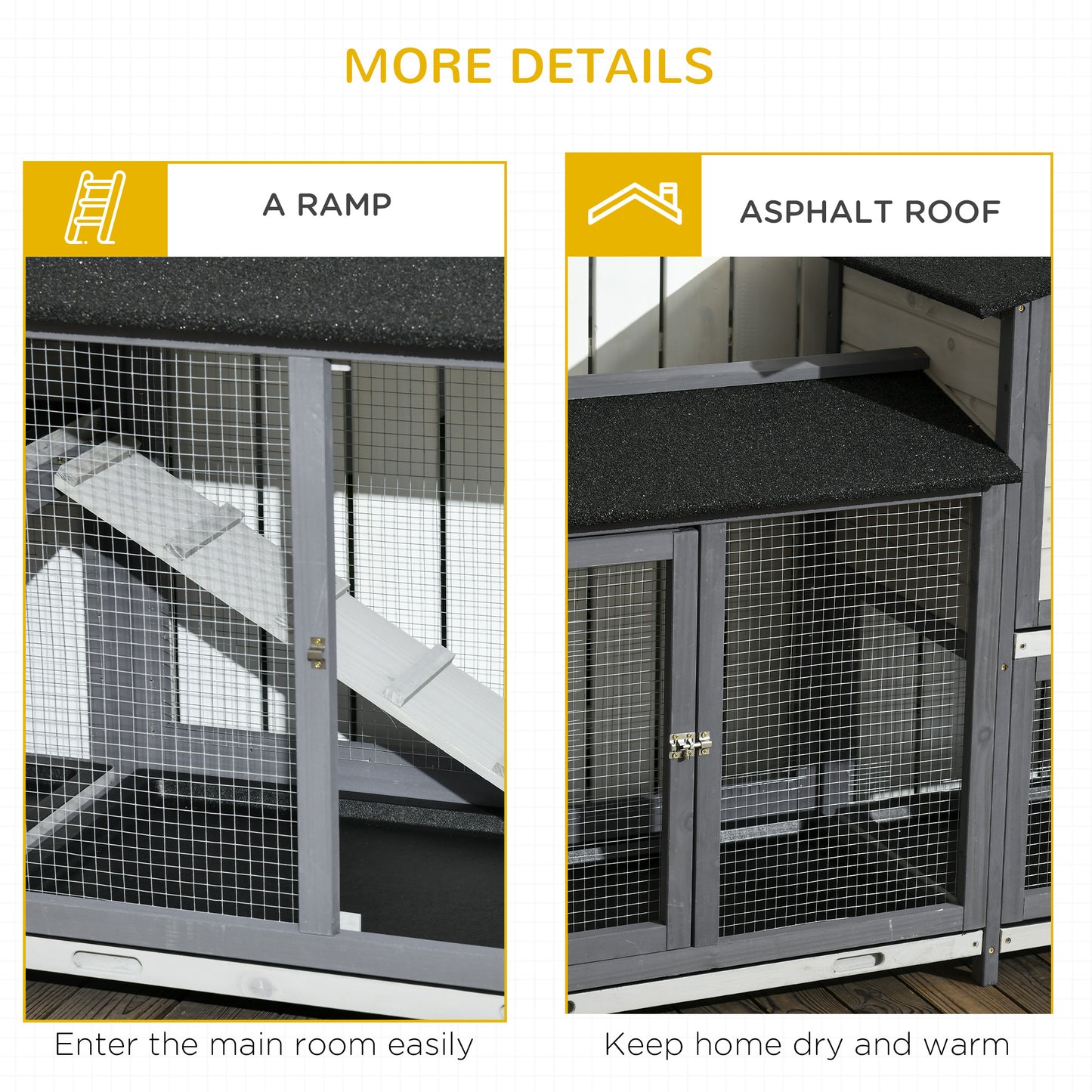 Wooden Rabbit Hutch with Run and Ramp, Outdoor Pet Cage for Small Animals