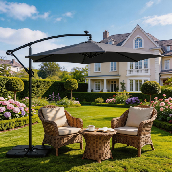 10FT Round Hanging Patio Umbrella with LED Lights & Stand - Gray