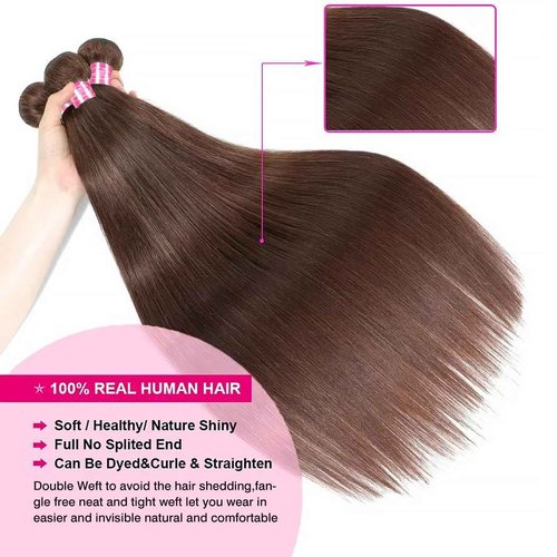 Younsolo Brown Bundles Human Hair Straight 3 Bundles 100% Unprocessed Brazilian Bundles Human Hair 12A Chocolate Brown Straight Bundles Hair Extensions 4# Color 16 18 20 Inch