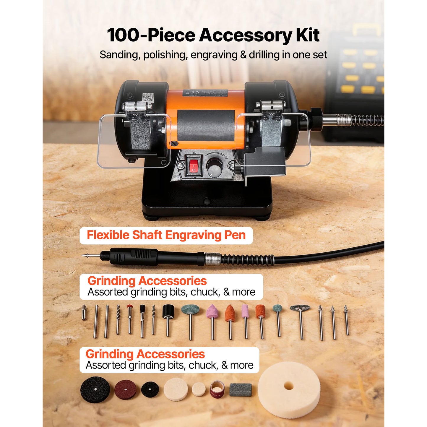 Jewelry & Metal Polishing Buffing Machine with 100-Piece Accessory Kit
