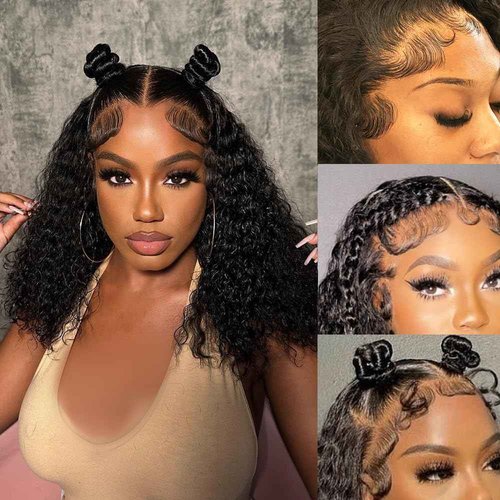 Ablvari 13x6 Deep Wave Bob Lace Front Wigs Human Hair 180% Density HD Lace Frontal Wigs Human Hair Pre Plucked 16 Inch