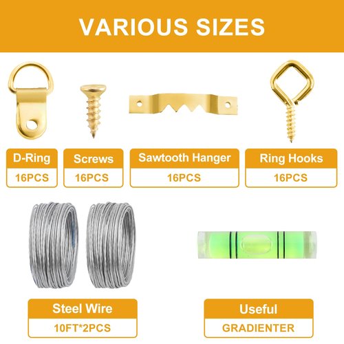 KURUI 303Pcs Picture Hanging Kit, Picture Hangers Assorted Kit with Heavy Duty Picture Hanging Hooks/Hardware Nails/Sawtooth/Wire/D Rings/Level, Metal Picture Wall Hooks for Frame Canvas Mounting