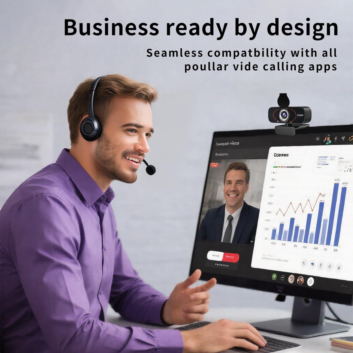 1080P HD Webcam with Microphone, Wide-Angle Lens, Auto Light Correction, Plug Play USB Web Cam with Tripod, Stand, External Camera for Laptop, Desktop Computer, PC, Mac, Zoom, Skype, Streaming, Gaming