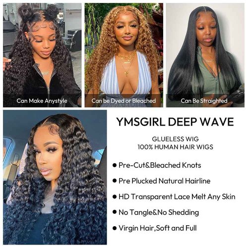 YMSGIRL 13x6 Deep Wave Lace Front Wigs Human Hair Ready To Go Curly Lace Front Glueless Wigs Human Hair Pre Plucked Pre Cut Beginner Friendly 16 Inch