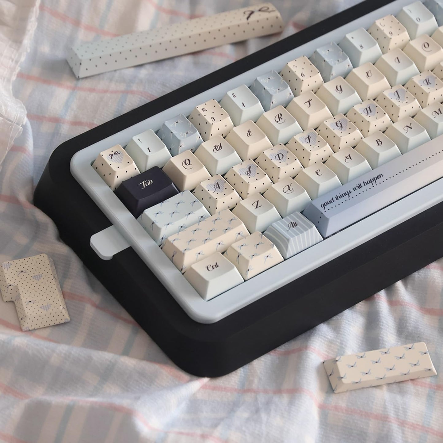 145 Keys PBT Keycap Cherry Profile, Light Blue White Black Bow Aesthetic Dye Sublimation Gaming Custom Keycaps for ANSI/ISO Layout Mechanical Keyboards