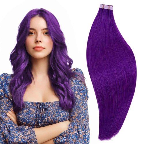 RUNATURE Tape in Hair Extensions, 16 Inch Purple Hair Extensions Tape in Human Hair, Seamless Highlight Colored Hair for Kids, Skin Weft Dark Purple Hair Extension 50g 20pcs