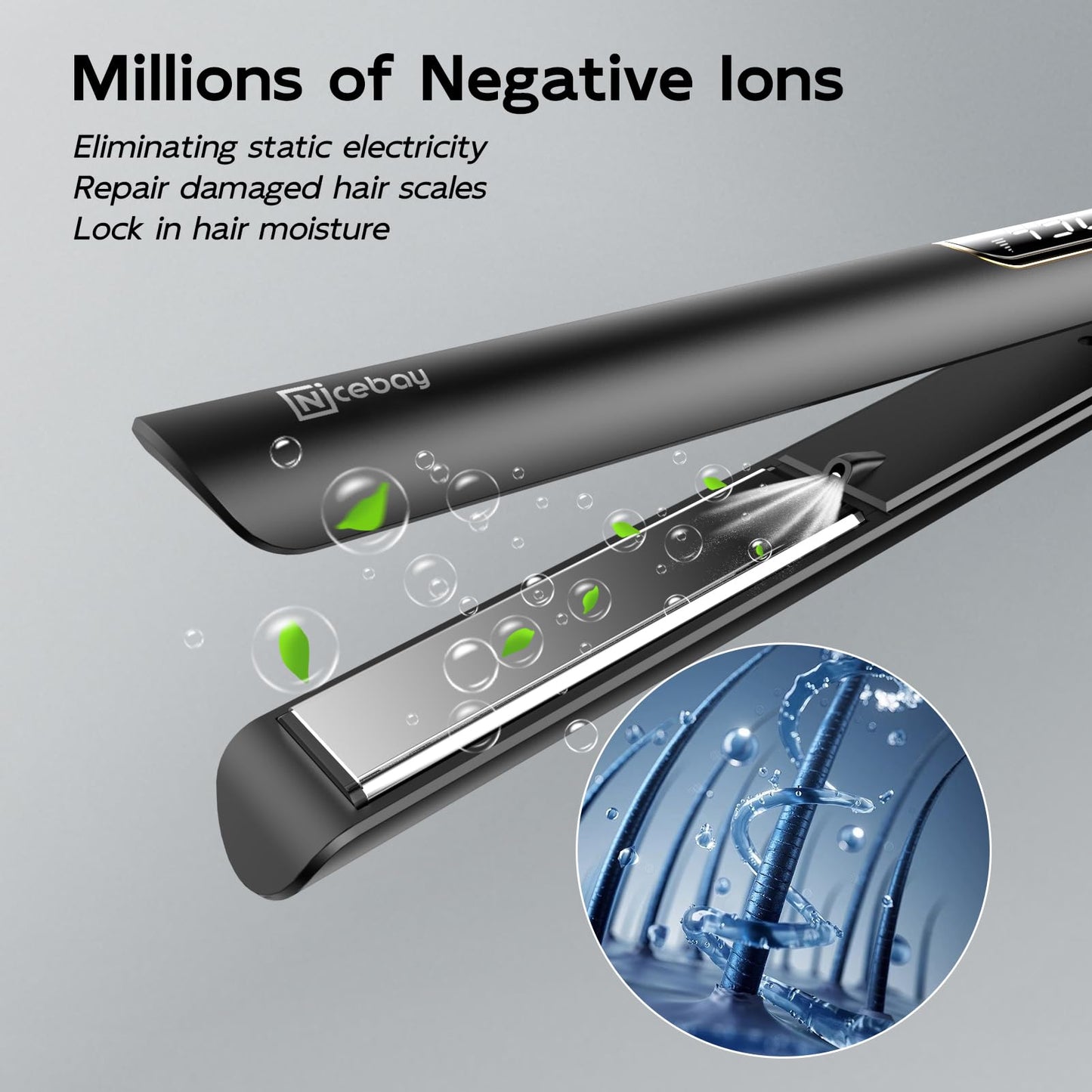 Nicebay Hair Straightener Flat Iron, Titanium 2 inches, 5 Temp Settings, Fast Heating, Negative Ion, Wide Voltage for Travel, Hair Straightener and Curler