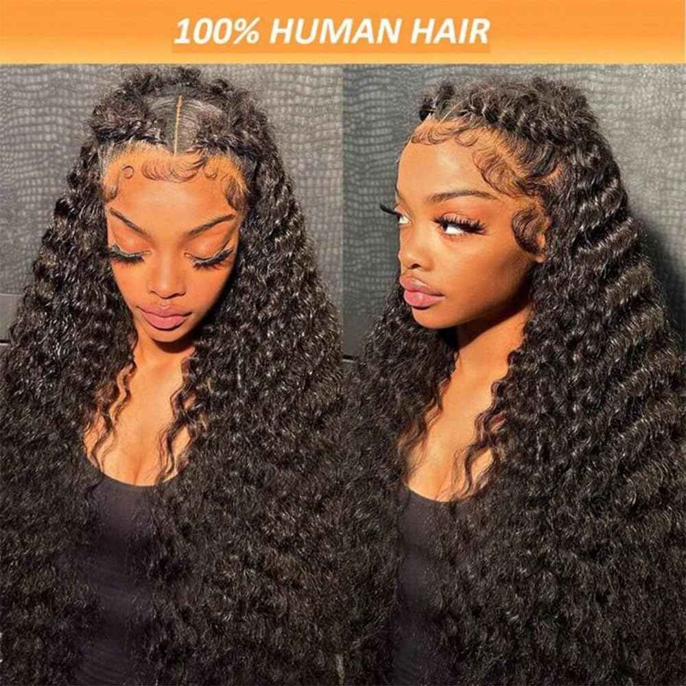 KRKRYQ 28 Inch 13x6 HD Transparent Lace Frontal Wigs Human Hair 200% Density Deep Wave Lace Front Wigs Human Hair Curly Human Hair Wigs for Women Pre Plucked with Baby Hair Natural Color