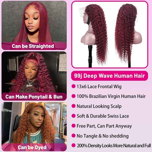 ILHILH 99J Burgundy Lace Front Wigs Human hair Deep Wave 13x6 HD Lace Frontal Wigs Human Hair Pre Plucked 200 Density Wine Red Colored 99J Curly human Wig with Baby Hair 26 inch Glueless Wig
