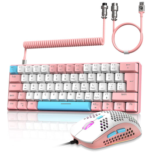 ZIYOU LANG RK-T60 Wired Mechanical Gaming Keyboard and Mouse Combo Mini Portable with Rainbow Backlit 62Key NKRO 6400DPI RGB Honeycomb Mice Coiled Aviator Cable for PS4/PC/WIN Gamer(Pink/Blue Switch)