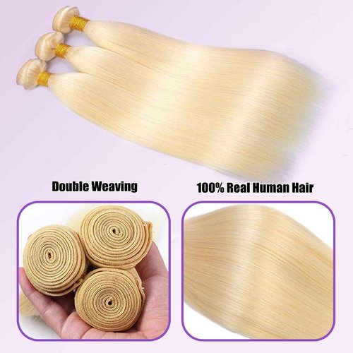 613 Bundles Human Hair 12A Grade Straight Blonde Bundles Human Hair 100% Unprocessed Brazilian Virgin Raw Hair Quick Weave for women 3 Bundle Deals Hair Extensions 14 16 18 Inch