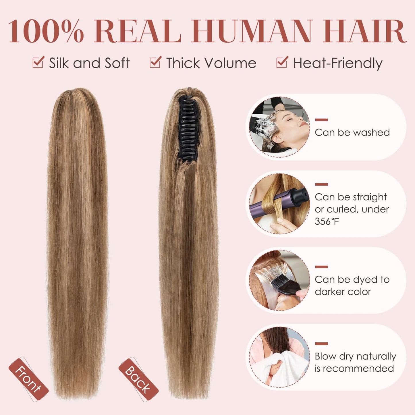 Human Hair Claw Clip Ponytail, Claw Clip Human Hair Ponytail,Effortless Application with Secure Hold,Style in Seconds,Quick Styling Solutions for Busy Lives 16"/109g Medium Brown Mix Dark Blonde