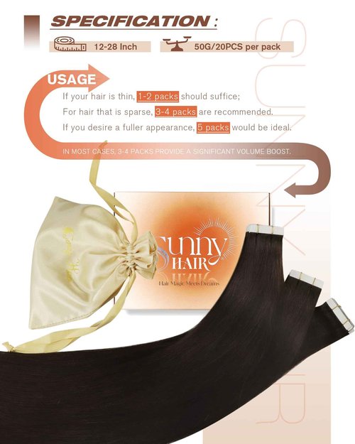 Sunny Hair Tape in Hair Extensions Real Human Hair Invisible Remy Hair Extensions Tape ins for Women Darkest Brown 24 inch 20Pcs 50G