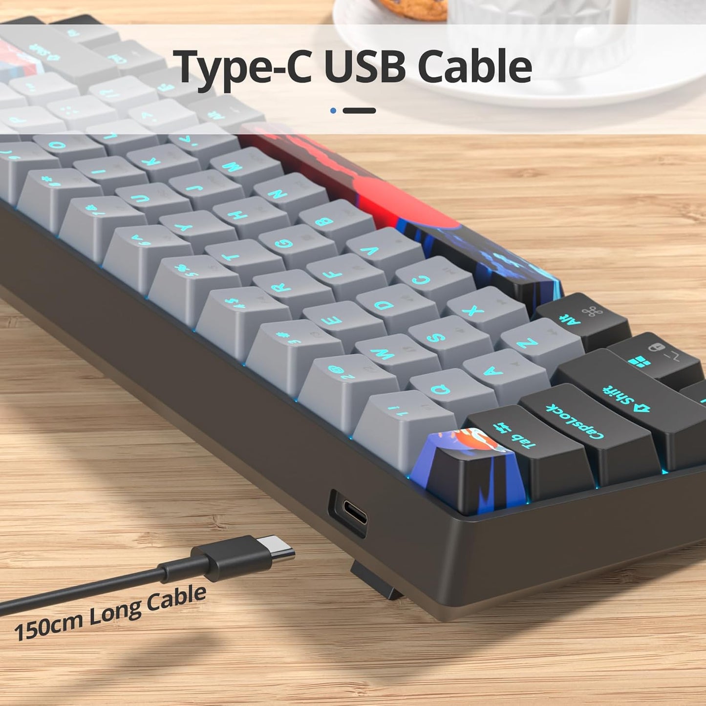 60 Percent Gaming Keyboard 60% Mechanical Keyboard LED Backlit Ultra Compact Wired Keyboard with Red Switch for Windows Laptop Gamer(61 Blue Samurai)