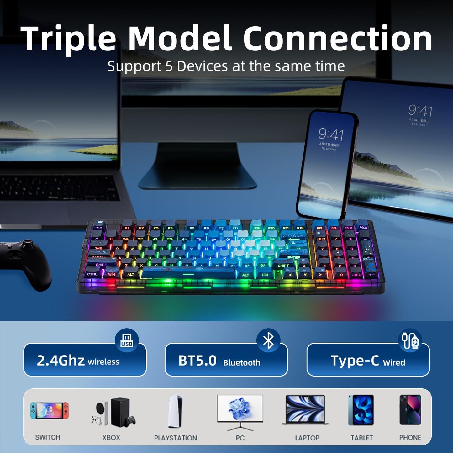 ZORNHER ZH980 Wireless Mechanical Gaming Keyboard,95% Blue Hot-Swappable Custom Creamy Keyboard with Number Pad,Shine Through Dye Sublimation PBT Keycaps,Pre-lubed Linear Switches,RGB Backlit
