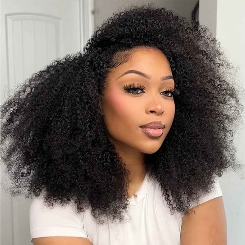 Domiso Afro Kinky Curly Half Wig Human Hair Seamless Kinky Curly 3 In 1 Half Wig Flip Over Beginner Friendly Glueless Wear & Go Drawstring Heandband Clip in Wig No Sew In Black Color 20 Inch