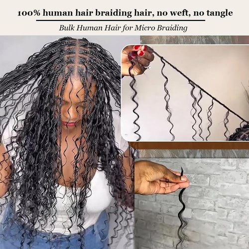 24 Inch Human Braiding Hair for Boho Braids Human Hair 100g 2 Bundles Deep Wave Bulk Human Hair for Braiding No Weft Curly Braiding Hair Bulk Hair Extensions Real Human Hair Natural Color